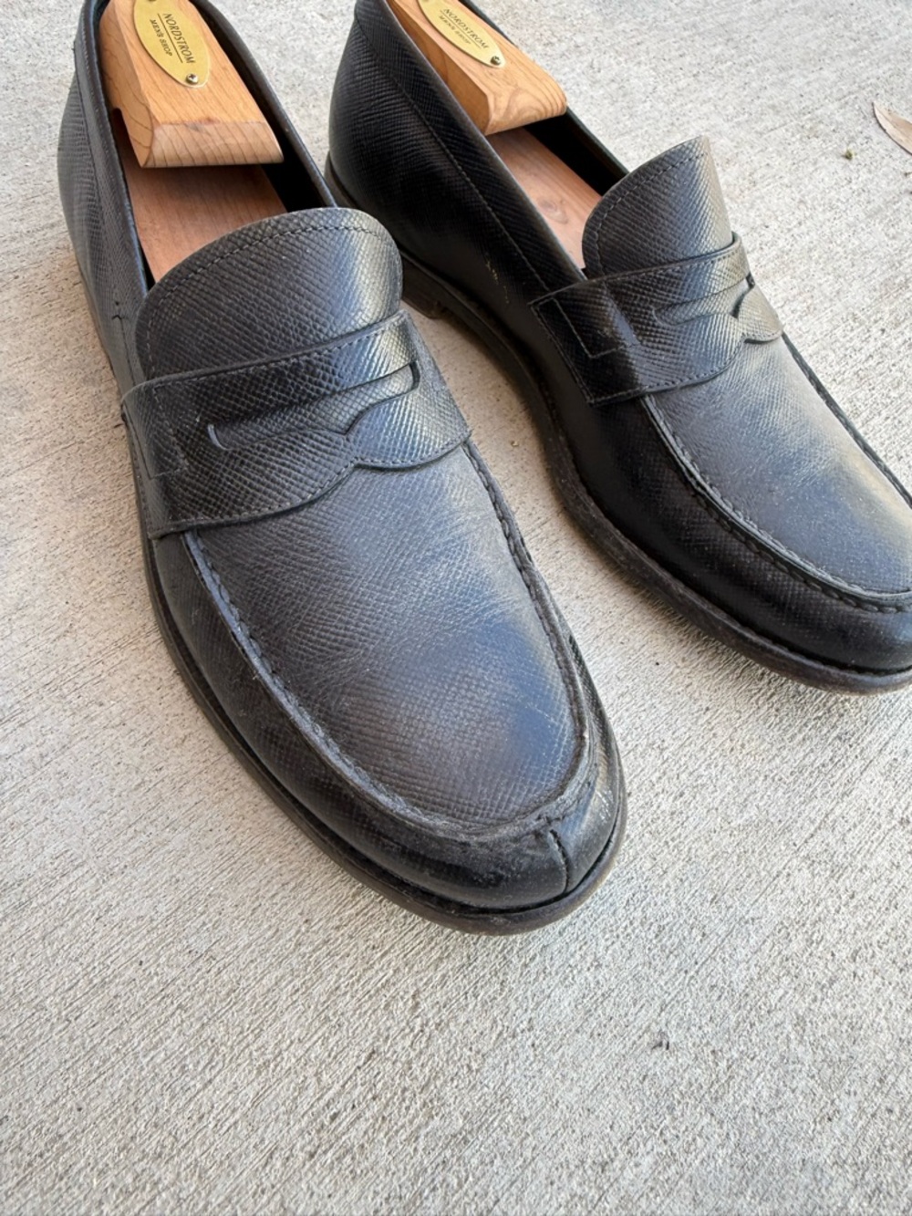 Prada Black Textured Leather Penny Loafers